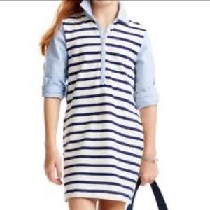 VINEYARD VINES Girls Large 14 Ivory Navy Stripe Oxford Long Sleeve Shirt Dress